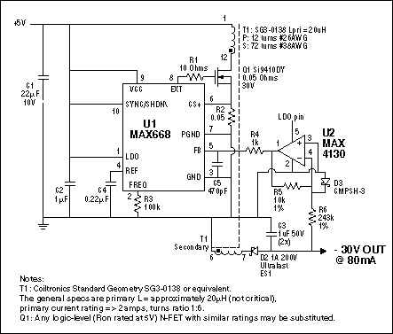 This circuit uses the MAX668 and a transformer (which will need about a one-to-six turns ratio) to make a flyback converter. The op amp inverts the feedback from the negative output voltage.
