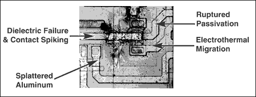 Figure 1. This photomicrograph shows gross ESD damage to an unprotected RS-232 receiver.