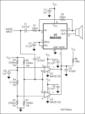 Figure 1. This circuit saves battery power consumption by automatically turning off the speaker driver when there is no audio signal.