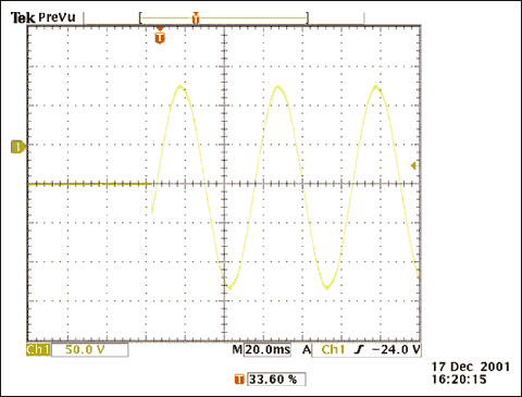 Figure 2. The ringer signal of a typical telephone exceeds 200VP-P (vertical scale is 50V / div).