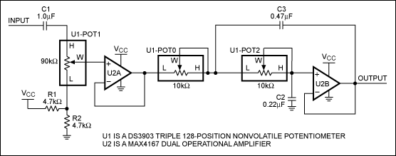 Figure 1. An audio low-pass filter constructed with DS3903.