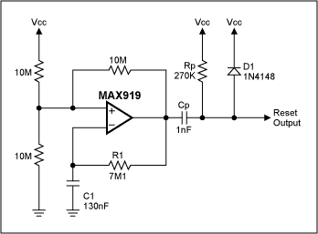 Figure 1. This reset circuit consumes less than 1ÂµA and delivers a 100-Âµsec-wide reset pulse every 1.3 sec.