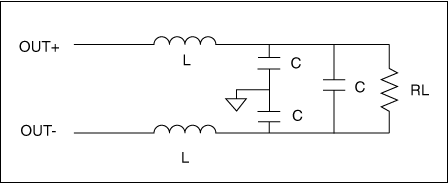 Figure 6. This 2-pole, differential-mode filter serves the example in the text. Inductor values â€‹â€‹are 4.7ÂµH, capacitor values â€‹â€‹are 0.047ÂµF, and the speaker impedance (RL) is 8ohm.