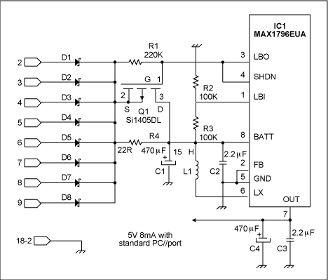 Figure 1. This circuit robs about 40mW (8mA at 5V) from an 8-bit data port whenever you program all bits high.