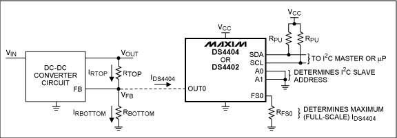 Figure 1. Connection of DS4404 in the feedback circuit of a DC-DC converter