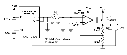 Figure 1. This ultra-low-noise LDO, the MAX6126, combines low-noise components with filtering to achieve an output noise floor of 6nV / square root Hz.