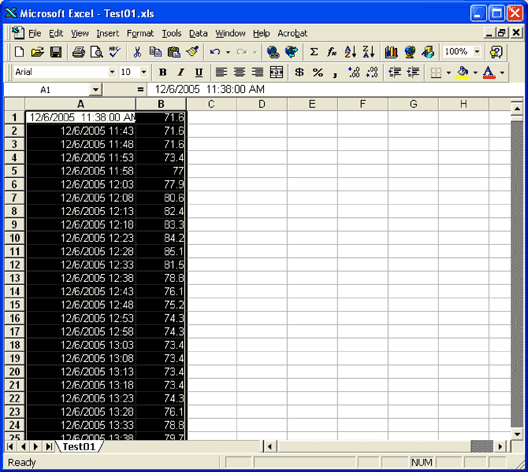 Figure 10. Select time and temperature data for charting.