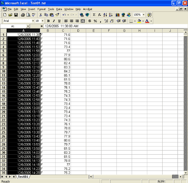 Figure 7. Once the data has been imported into Excel, column A will show the date and time when the data was downloaded.