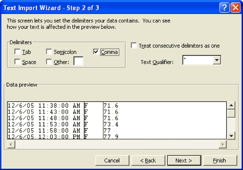 Figure 5. In order for data to be successfully imported into Excel, the file delimiter must be correctly specified with a comma or semicolon.