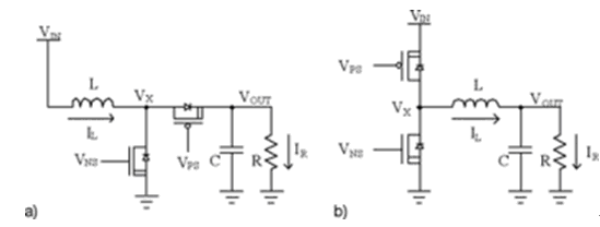 Figure 1: Common inductor-based boost (a) buck (b switching regulator.
