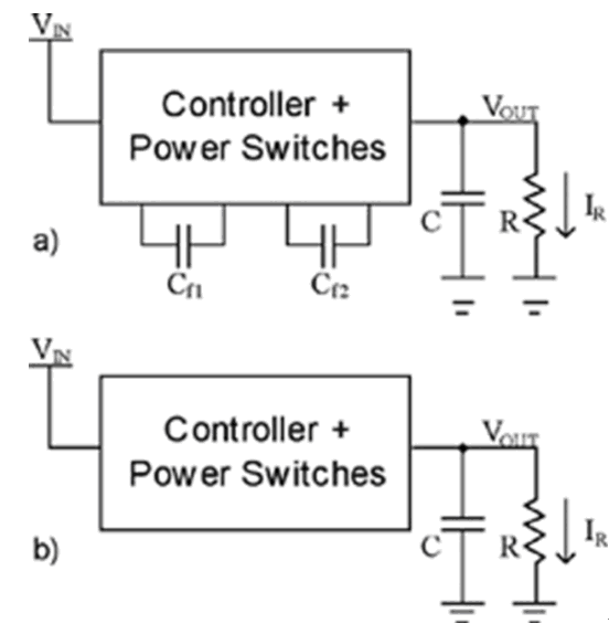 Figure 2: Ordinary non-inductive switching regulator (a), ordinary non-inductive switching regulator with flying capacitor (b).