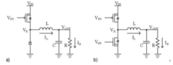 Figure 6: Asynchronous (a) and synchronous (b) inductive switching regulators.