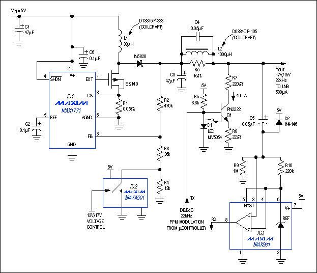 Figure 1. This circuit is designed for a low-noise unit in a satellite receiver. This DiSEqC-compatible power supply implements data communication by switching the supply voltage between 13V and 17V.