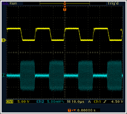 Figure 4. Response of the MAX9930 RF-detecting controller to the RF input signal with a modulation frequency of 10MHz, a 40kbps data rate, and a -40dBm OOK signal. REF is set at 500mV. Output digital bits are shown in yellow, and the input RF signal is blue.