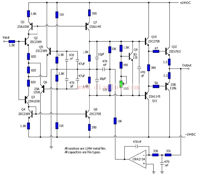 Headphone amplifier circuit composed of discrete components