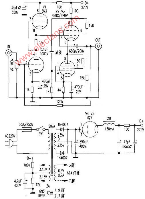 6N9C headphone amplifier without output transformer (including circuit diagram ...