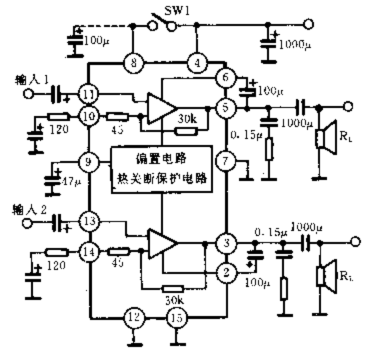 TA8223 / TA8223K dual-channel power amplifier circuit