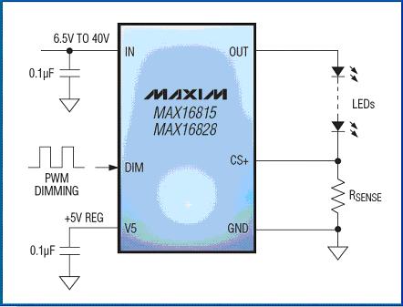 Typical application circuit of MAX16815 / MAX16828 HBLED driver