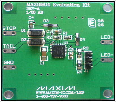 Figure 2. The MAX16804 evaluation board PCB (the schematic is shown in Figure 1)