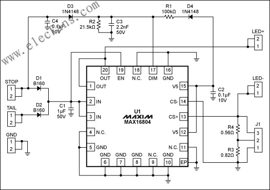 MAX16804 High Brightness LED Driver Evaluation Board Circuit Schematic