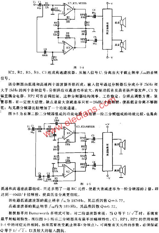 Two examples of active two-way power amplifier circuit diagram