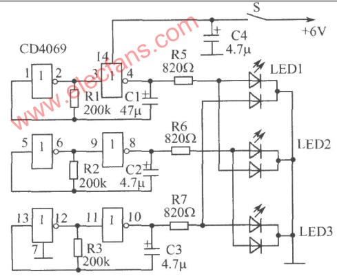 Colorful light circuit composed of six inverter CD4069 digital integrated circuits