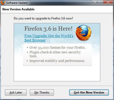 Mozilla urges users of older versions of Firefox to upgrade to version 3.6 (Figure)