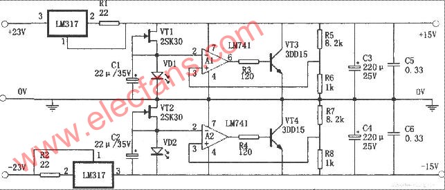 Constant current parallel stabilized power supply circuit composed of LM317