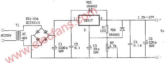 1.25 ï½ž 37V adjustable power circuit composed of LM317