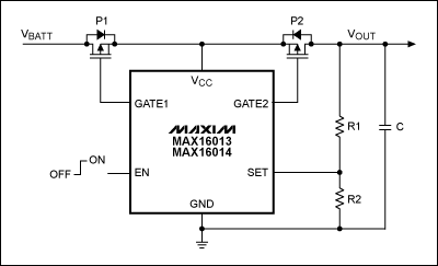 Figure 8. The MAX16013 and MAX16014 can provide active transient protection and directly monitor the power supply voltage. When a fault is detected, the two external p-channel FET switches are controlled to disconnect the load from the faulty power supply.