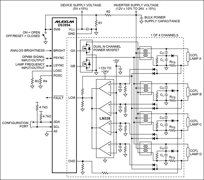 Figure 2. Typical operating circuit for driving multiple lamps per channel