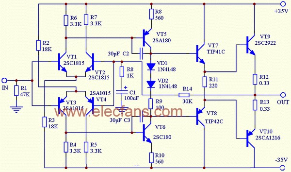 100W complementary power amplifier circuit diagram