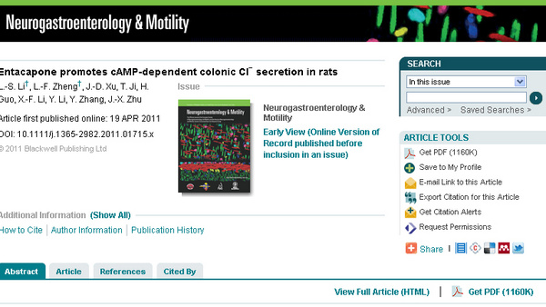 Professor Zhu Jinxia of Capital Medical University applied the research results of non-damage micro-measurement technology in the magazine "Neurogastroenterology & Motility"