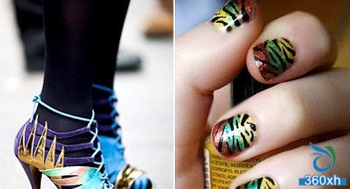 Colorful psychedelic nail polish fluorescent color with high heel