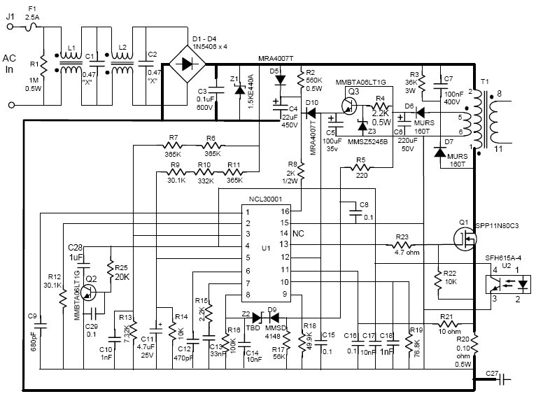 Figure 2: Primary Side Schematic of the NCL30001 CVCC 90 W Demo Board