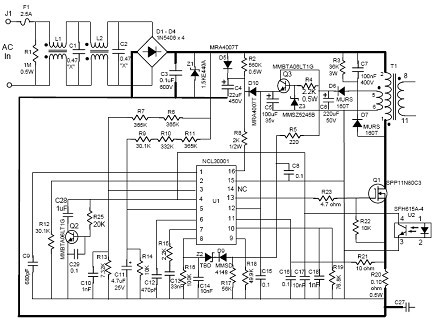 Figure 2: Primary Side Schematic of the NCL30001 CVCC 90 W Demo Board