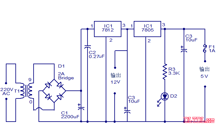 12v to 5v 7805 circuit diagram
