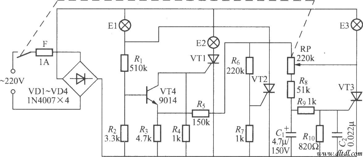 Thyristor three-tone light circuit