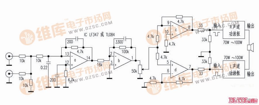 BTL subwoofer power amplifier circuit is composed of two single power amplifier boards