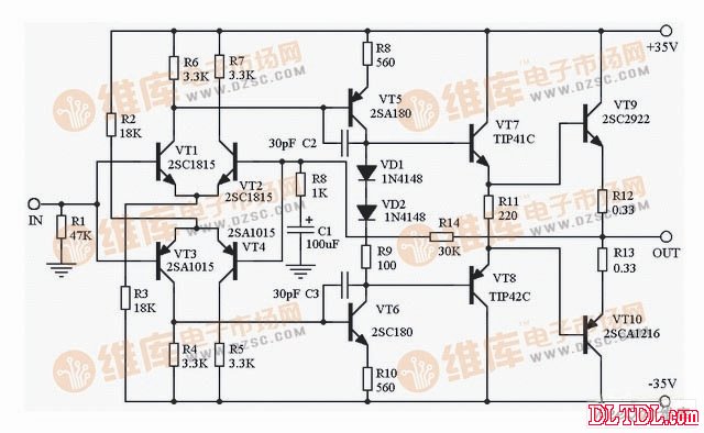 Fully complementary transistor power amplifier production circuit diagram