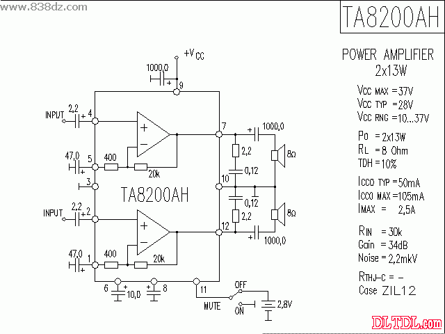 TA8200AH power amplifier circuit drawing schematic