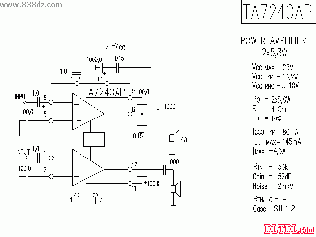 TA7240AP power amplifier circuit drawing schematic