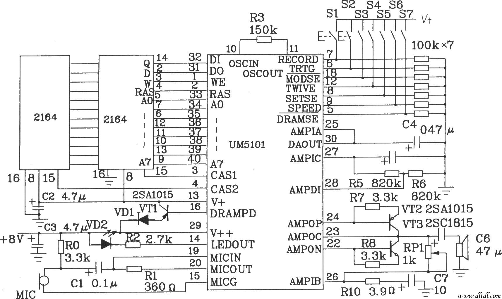 Speech synthesis chip UM5101 basic application circuit diagram