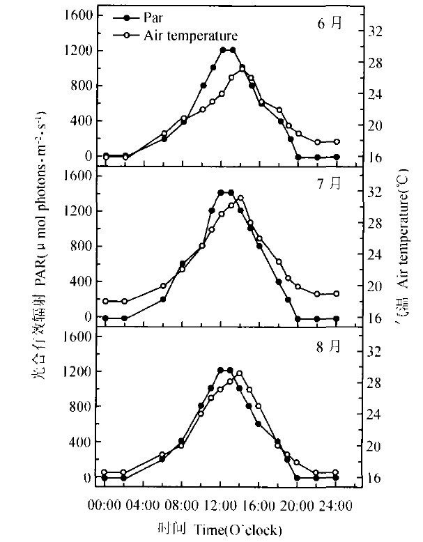 Fig.1 Simulated average photosynthetically active radiation and diurnal variations of temperature in the Maoershan area from June to August in a growth chamber