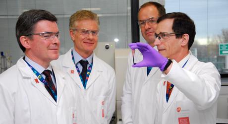 From left to right: The picture shows British Sports and Olympics Secretary Robertson, London Olympic Committee CEO Dayton, GSK Pharmaceuticals CEO Vidi and Professor Cowan visiting the anti-doping laboratory.