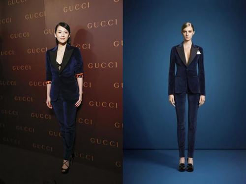 ç« å­æ€¡èº«ç€gucci æ·±è“è‰²å¤©é¹…ç»’å¥—è£…äº®ç›¸çŽ°èº«GUCCIæ–°åº—å¼€å¼ 