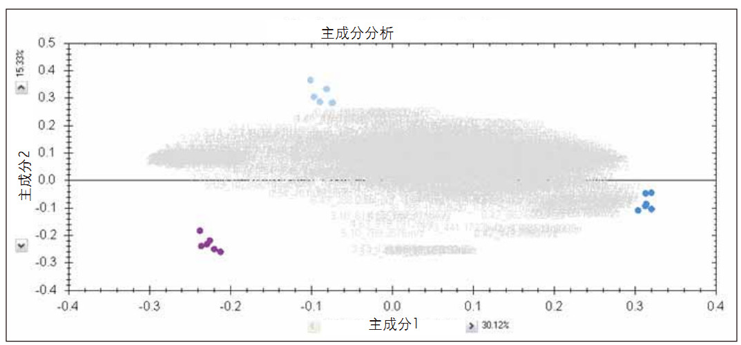 Figure 1. Principal component analysis of analytes (analgesic standard mixture A high dose; purple), blank (system evaluation matrix; light blue) and QC (quality control sample; dark blue)