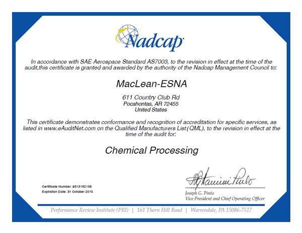 Lock nuts are certified by Nadcap