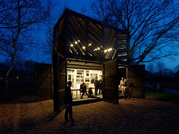 Unique fragmented faÃ§ade open-air coffee bar design