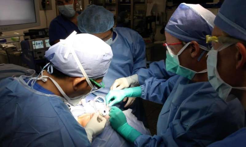 The surgeon removes the thyroid gland for the first time